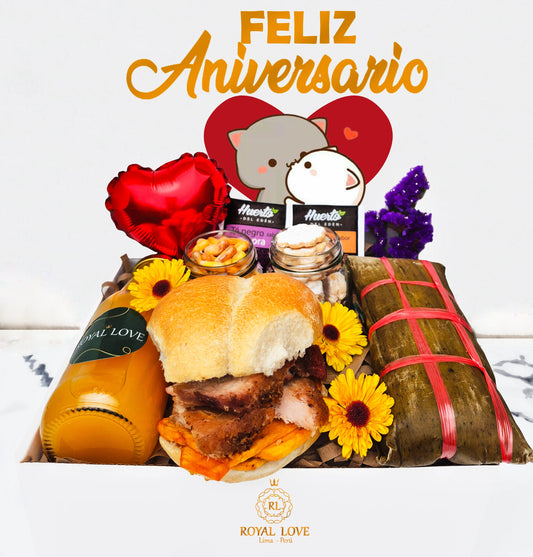 Desayuno sorpresa de amor personalizado criollo con pan con chicharron con caja de regalo para aniversario o cumpleaños en Lima – Royal Love