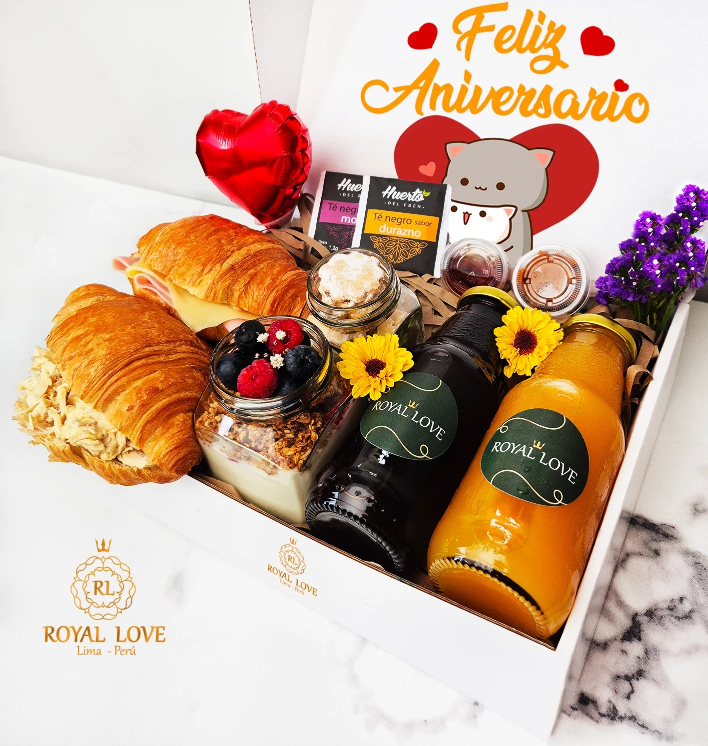 Desayuno Sorpresa Amore Mio en caja de regalo personalizado a domicilio en Lima