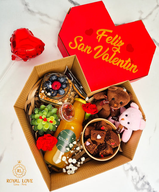 Desayuno sorpresa Corazon Amor Oso San Valentin con caja de regalo en Lima – Royal Love