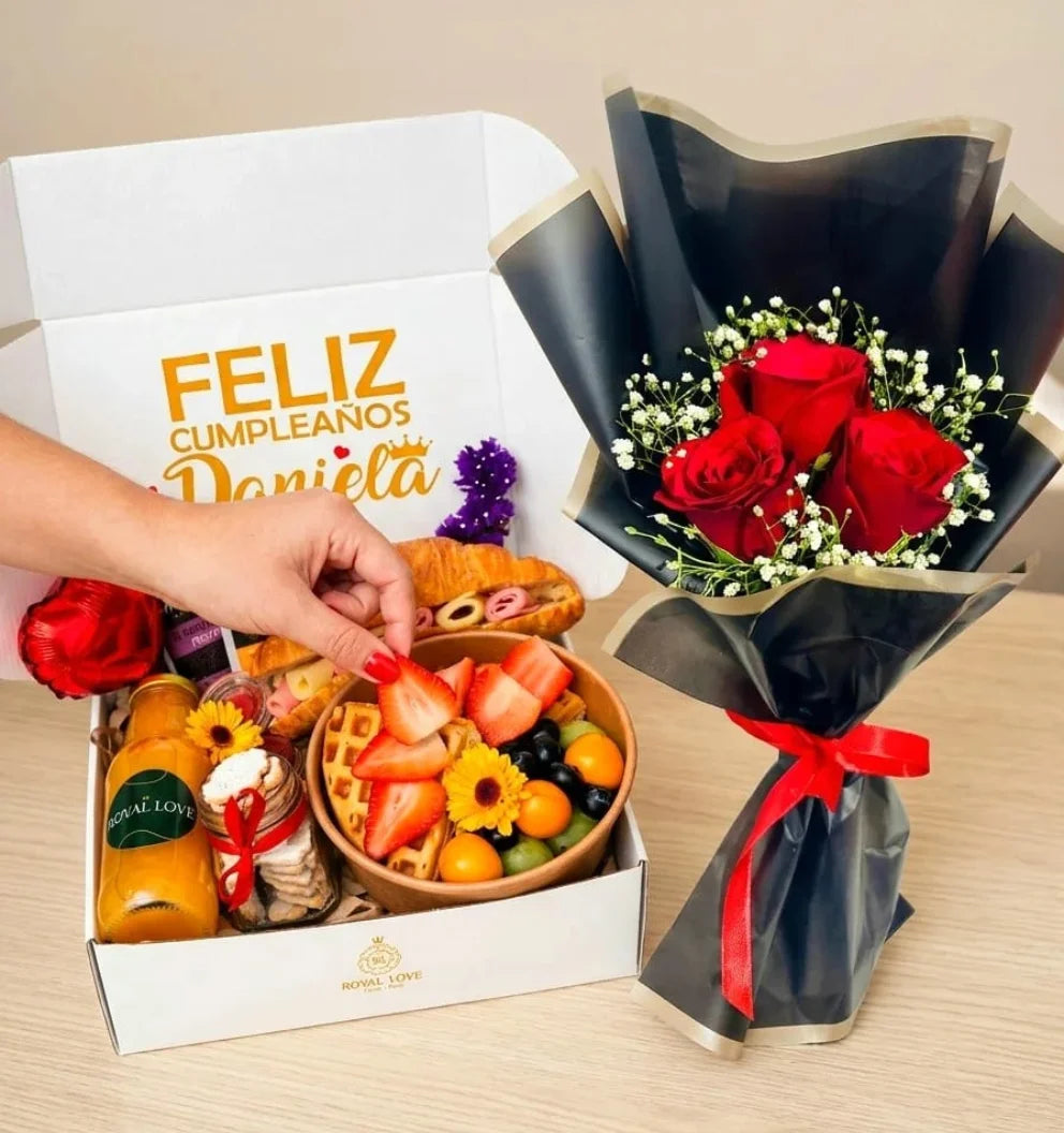 Dúo Amor Verdadero, desayuno + arreglo ramo rosas 🌹
