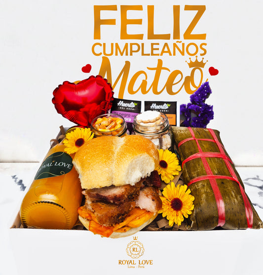 Desayuno de cumpleaños Criollo con pan con chicharron en caja de regalo sorpresa y delivery en Lima
